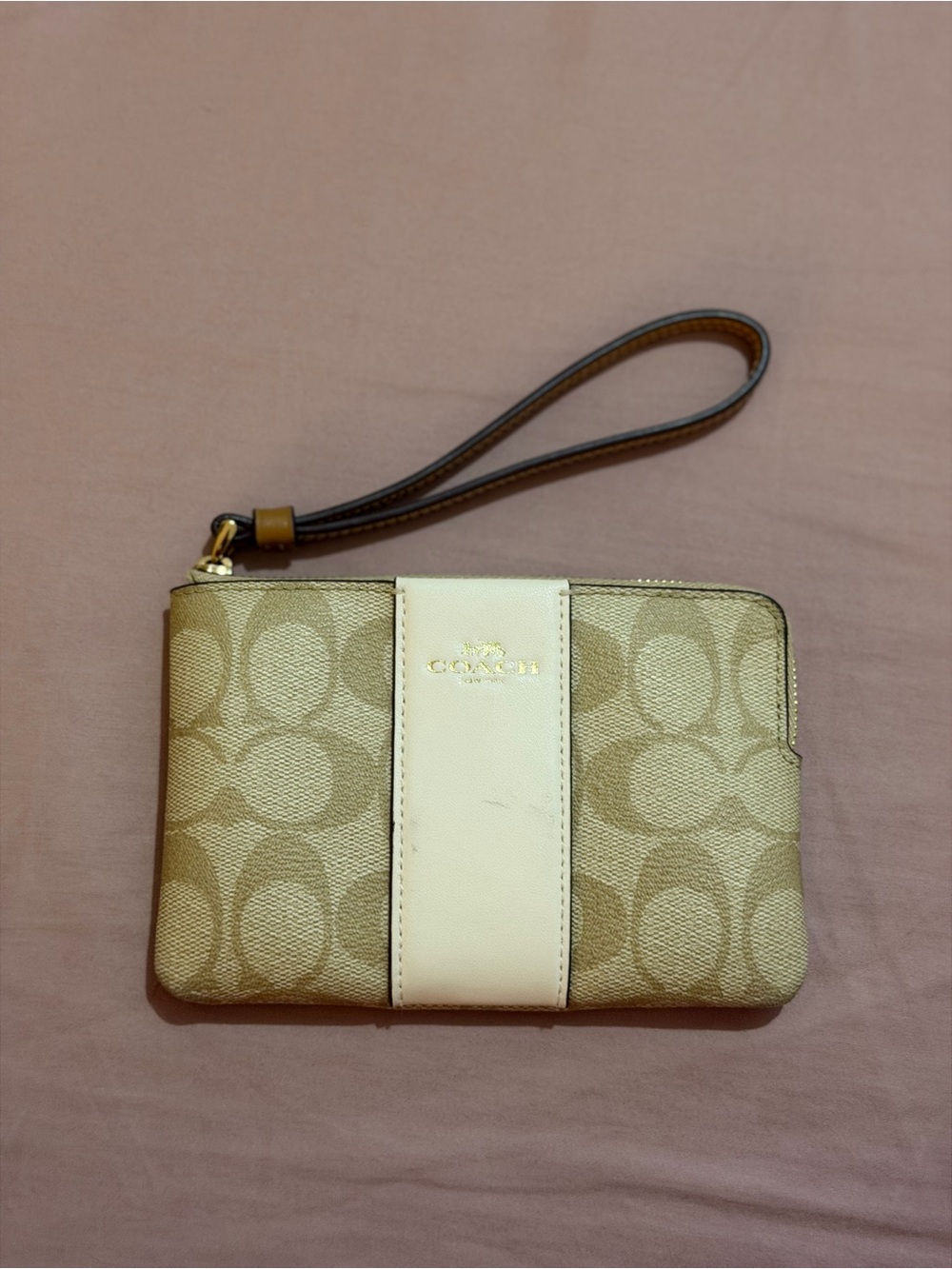 Coach Beige Signature Canvas Wristlet with Cream Stripe
